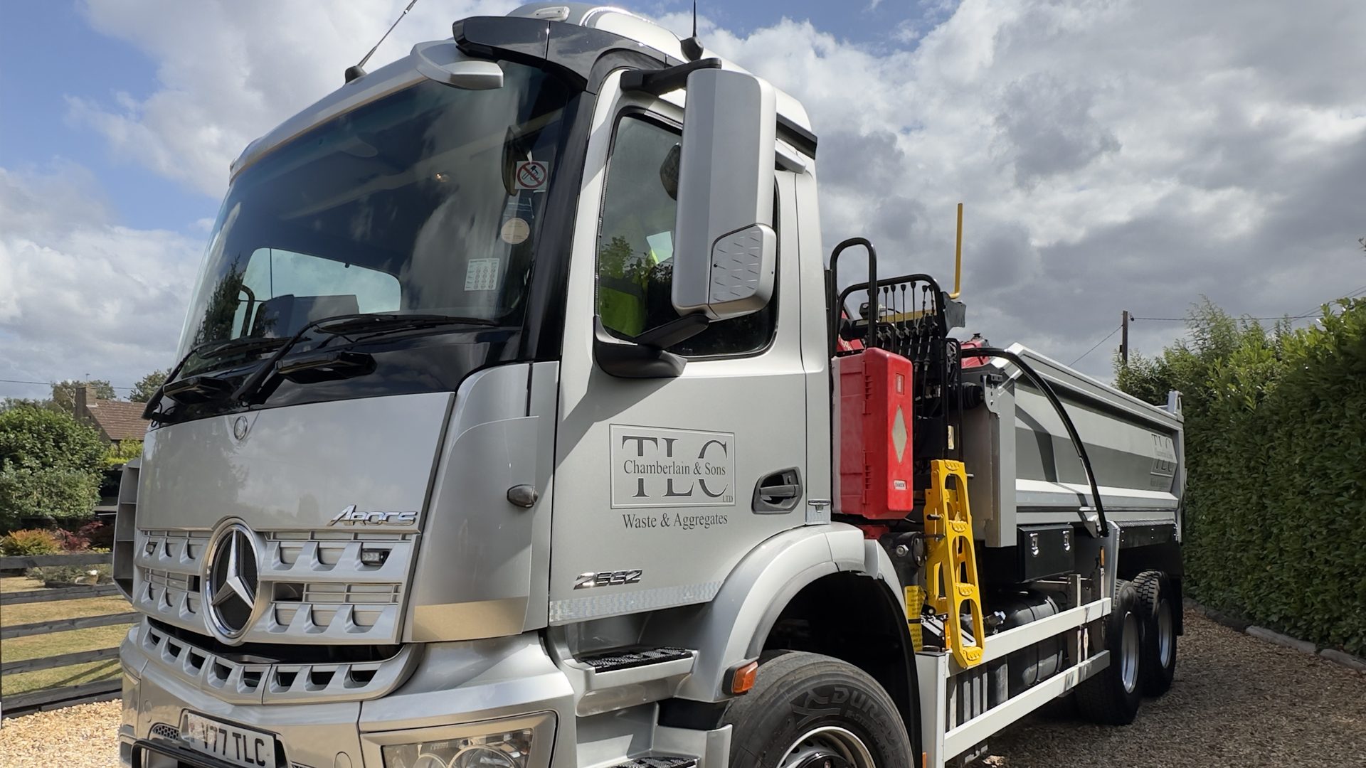 TLC Chamberlain & Sons silver Mercedes Arocs grab lorry with crane and tipper body